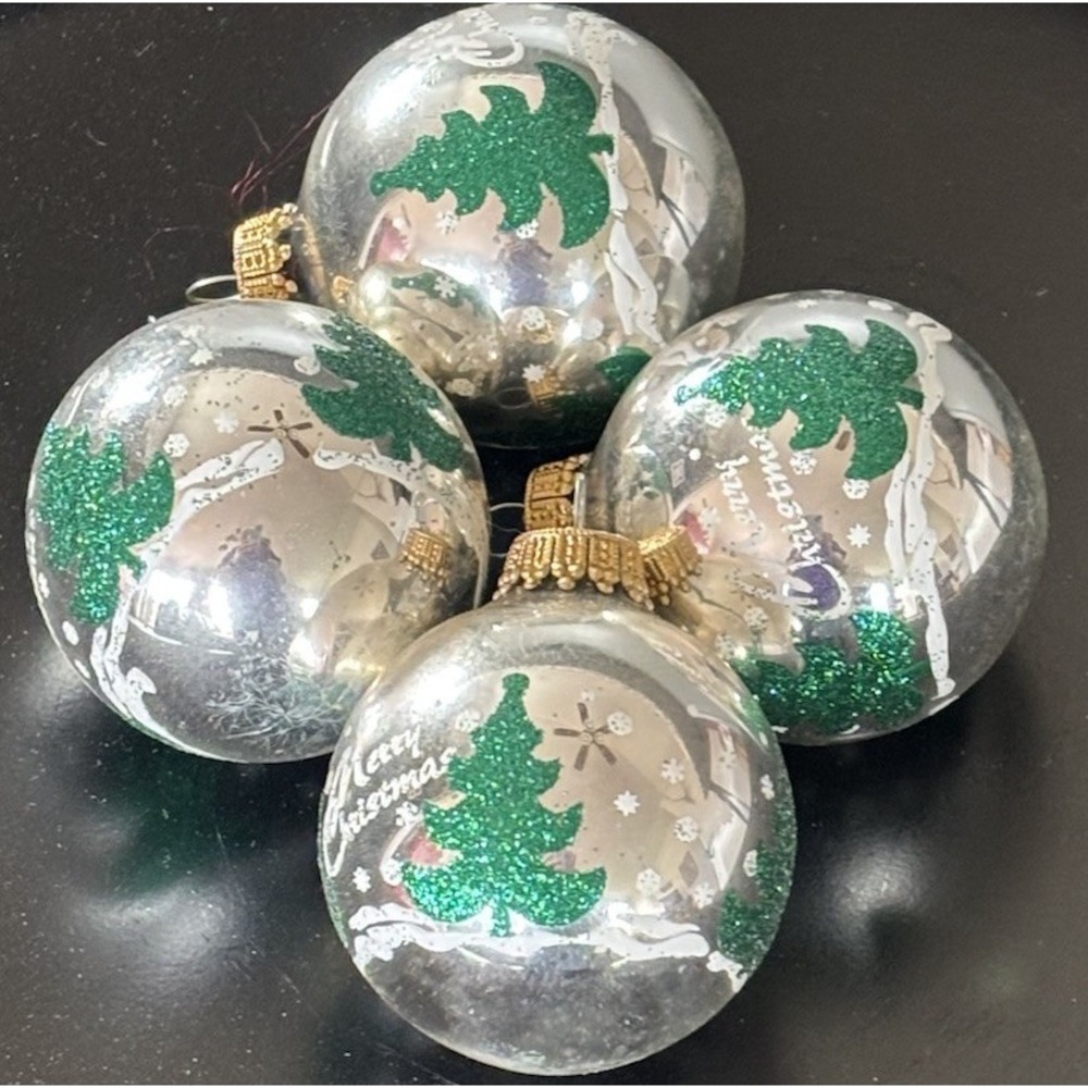 4 Vintage KREBS Silver Green Tree Stencil Glass Merry Christmas Tree Ornaments